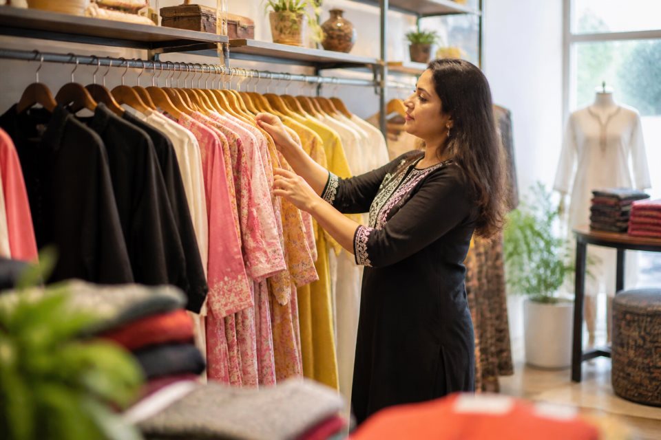 Indian boutique owner arranging garments in her shop