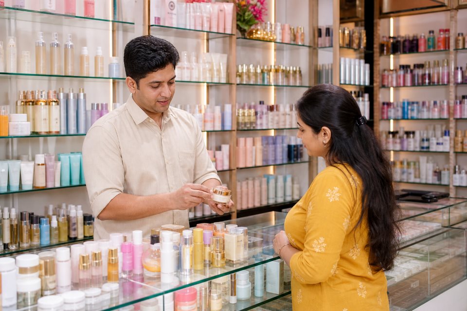 Indian cosmetics retailer assisting a customer