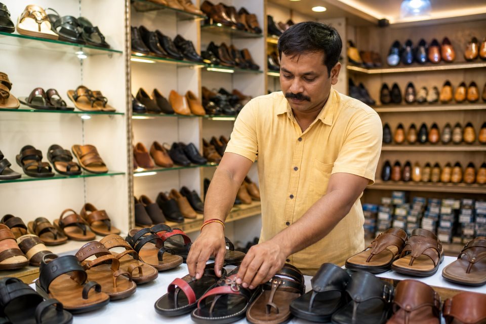 Indian footwear retailer arranging shoes and sandals