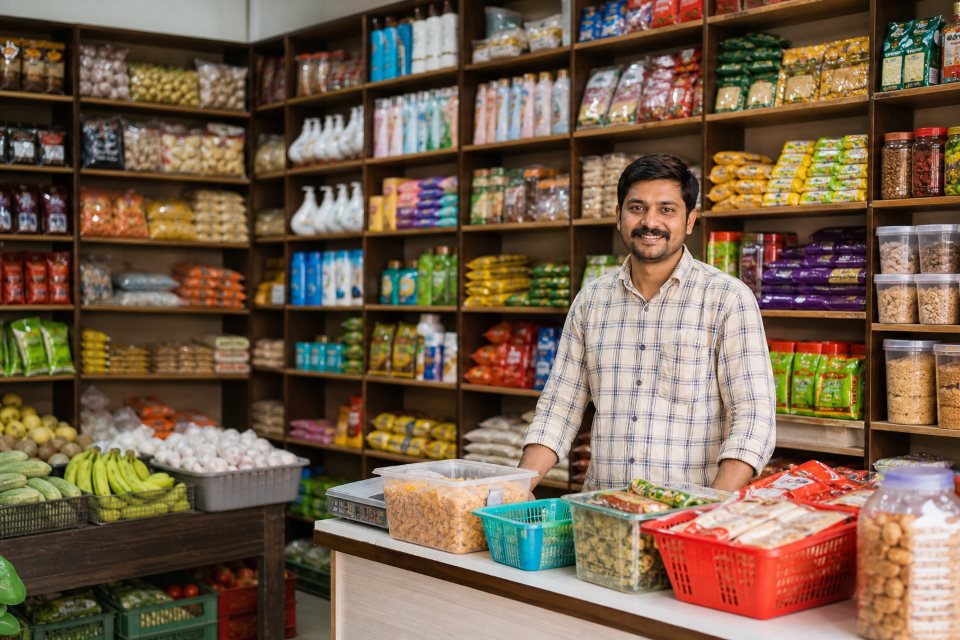 Indian grocery and general store retailer with stocked shelves