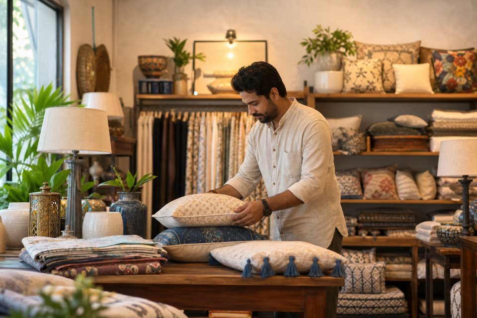 Indian home furnishing retailer arranging cushions and decor